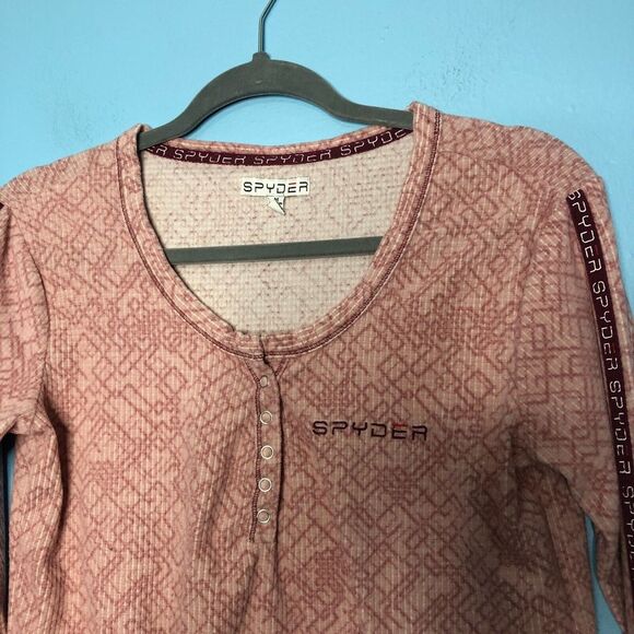 Spyder Shirt Womens Medium Pink Long Sleeve Thermal Waffle Knit Logo Henley - Picture 3 of 7